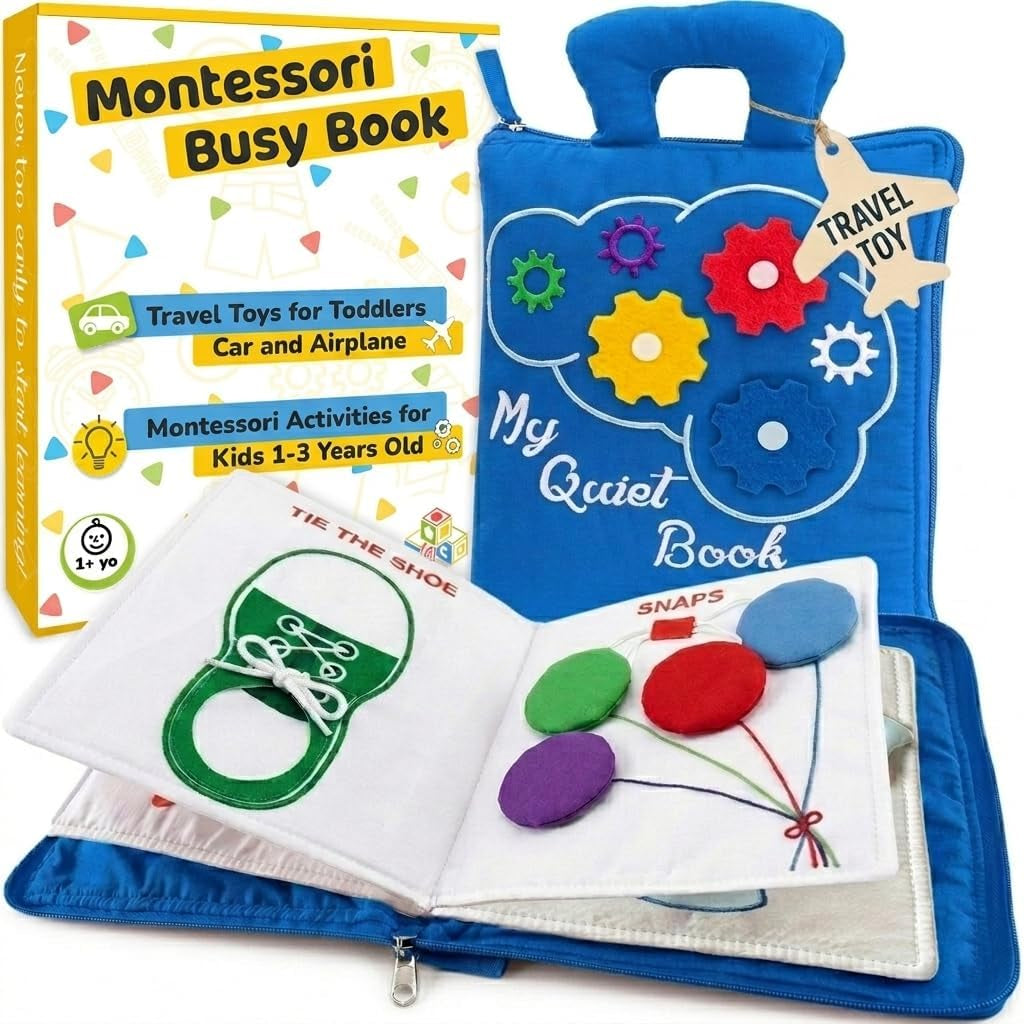 Quiet Book Montessori Toys for 1 2 3 Year Old, Busy Book for Toddlers 1-3 Travel Toy with Preschool Learning Activities, Educational Toy with 9 Sensory Toddler Activities for Boys & Girls