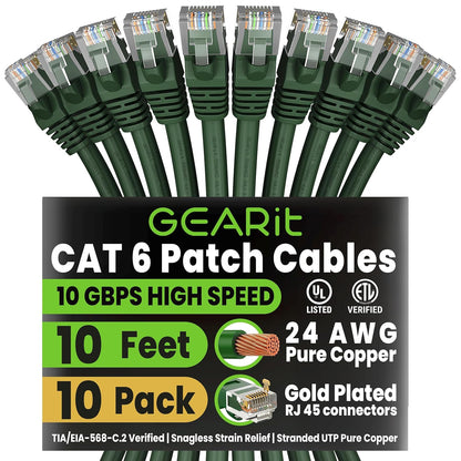 Cat 6 Ethernet Cable 10 Ft (10-Pack) - Cat6 Patch Cable, Cat 6 Patch Cable, Cat6 Cable, Cat 6 Cable, Cat6 Ethernet Cable, Network Cable, Internet Cable - Green 10 Feet