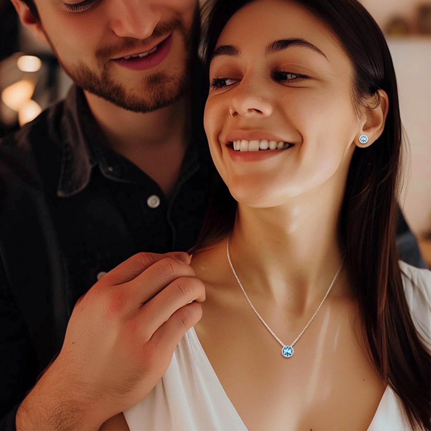 Birthstone Necklace for Women Pure 925 Sterling Silver Necklaces March round Blue Aquamarine Crystal Pendant Gifts for Everyday Wear Mother'S Day
