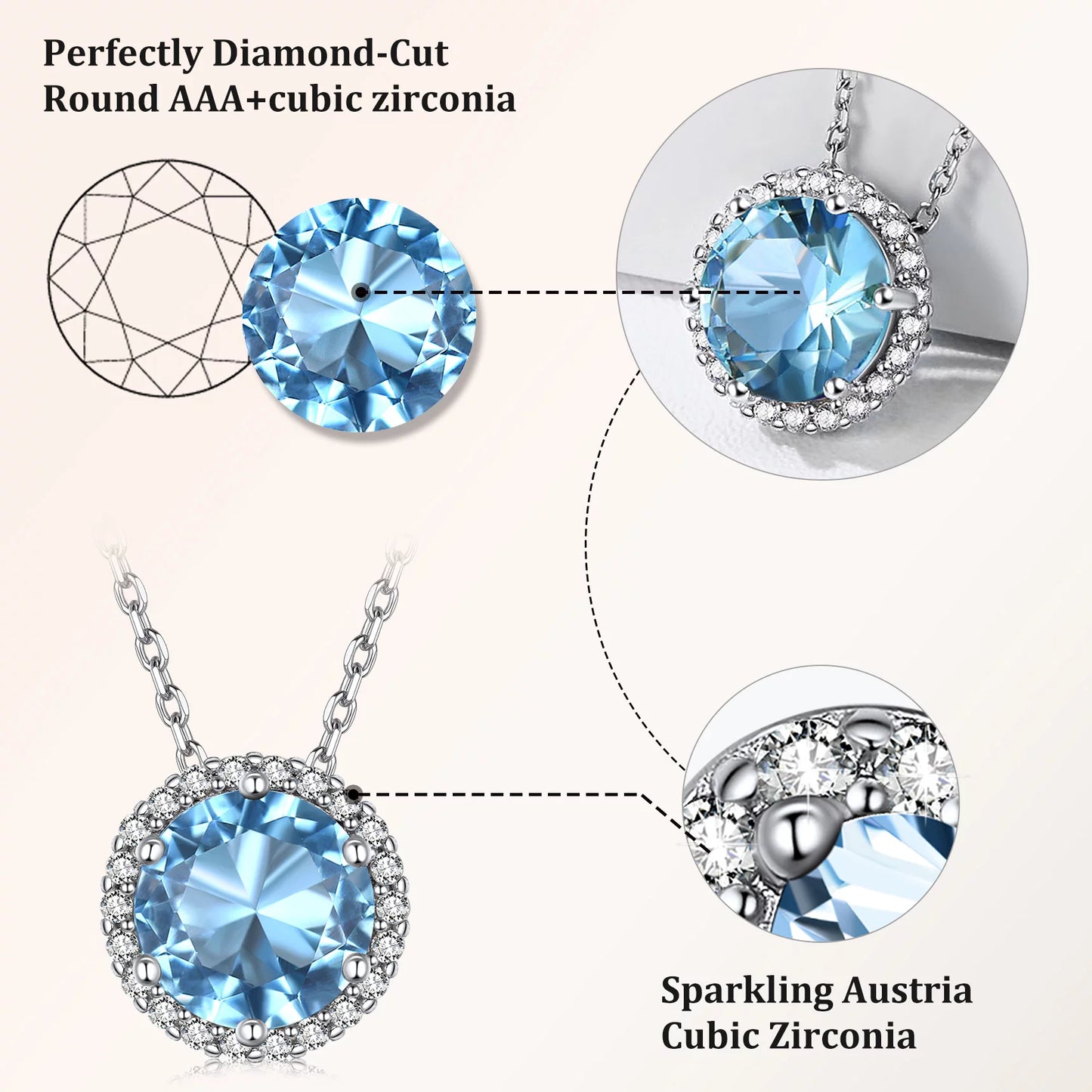 Birthstone Necklace for Women Pure 925 Sterling Silver Necklaces March round Blue Aquamarine Crystal Pendant Gifts for Everyday Wear Mother'S Day